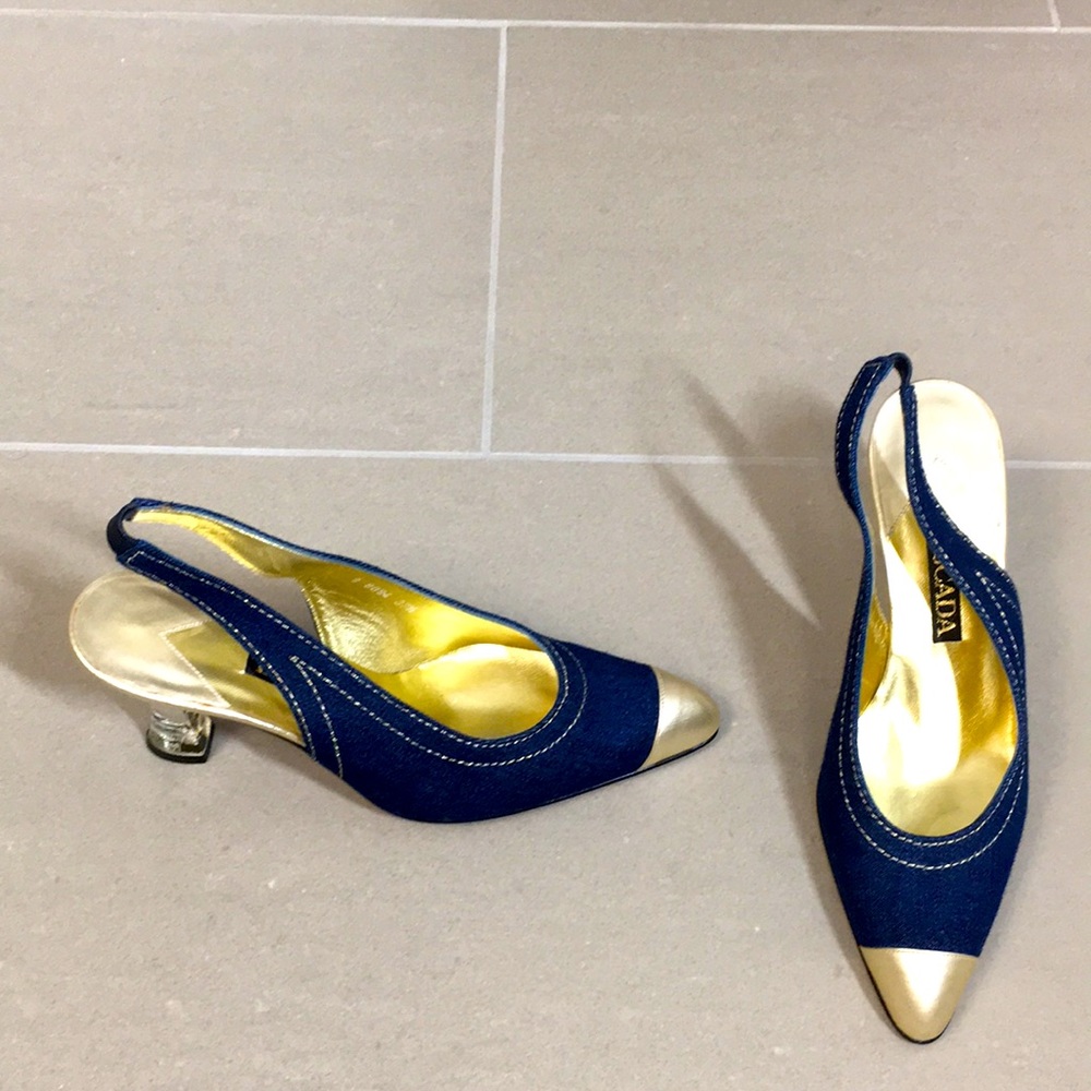 NWB ESCADA Denim Gold Heels Wowsa!!! - Picture 1 of 15